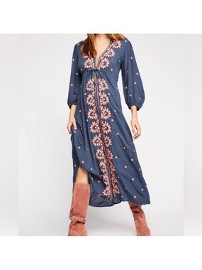 Free People Navy Fable MIDI Dress with Blush Floral Embroidery Sm